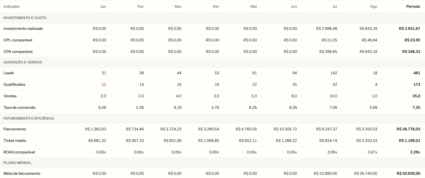 Tela de acompanhamento mensal com investimento, receita, vendas e ROAS por mês
